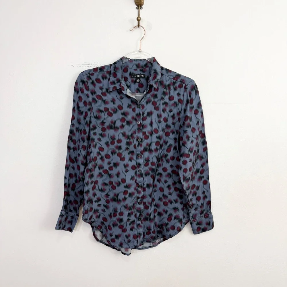 J.Crew Cherry Print Drapey Button Up Viscose Twill Shirt XS